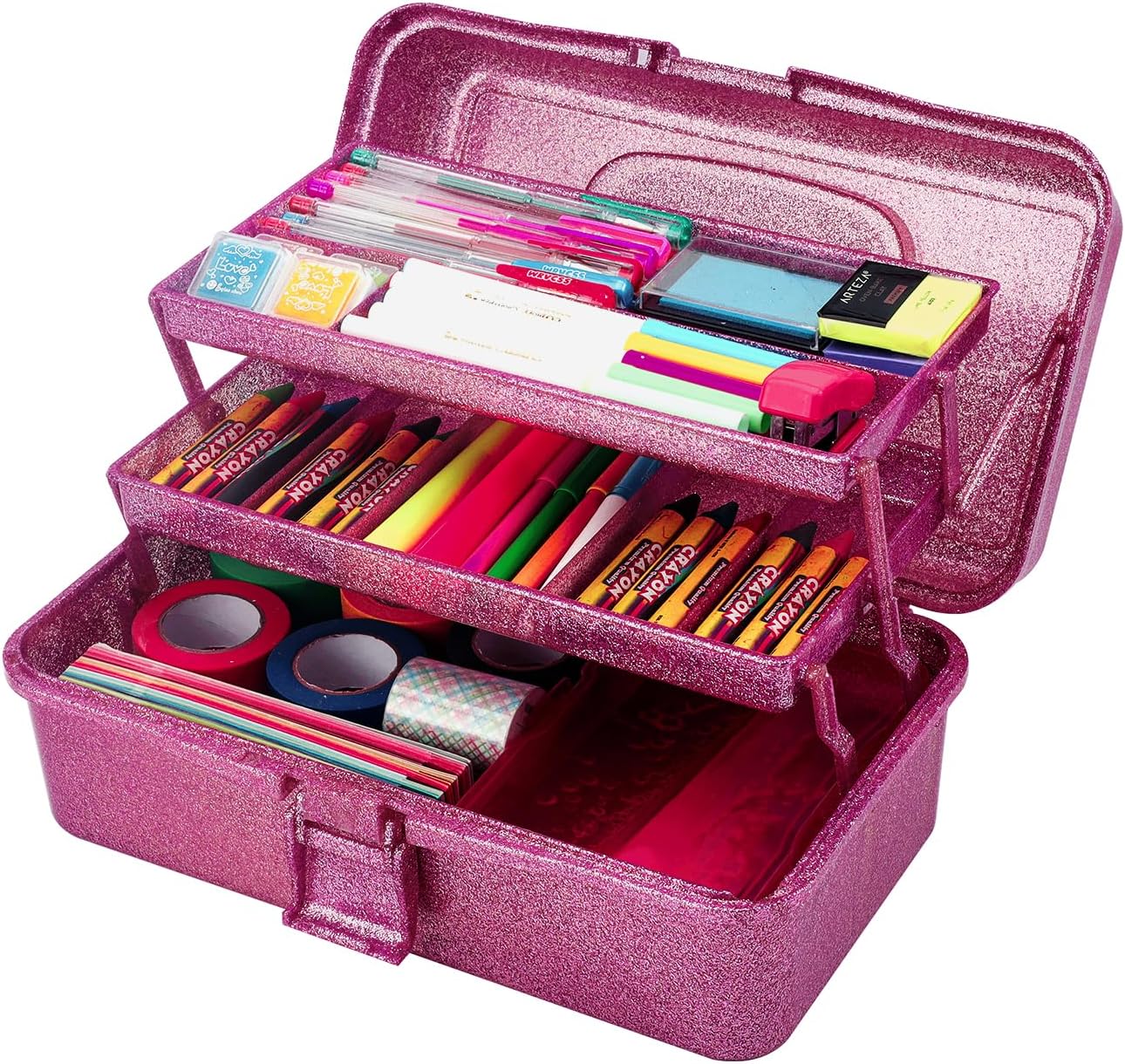 Glitter Purple 3 Layer Craft Storage Box, Purple Tackle Box Organizer for Craft Tool, Cosmetic Organizer for Girls