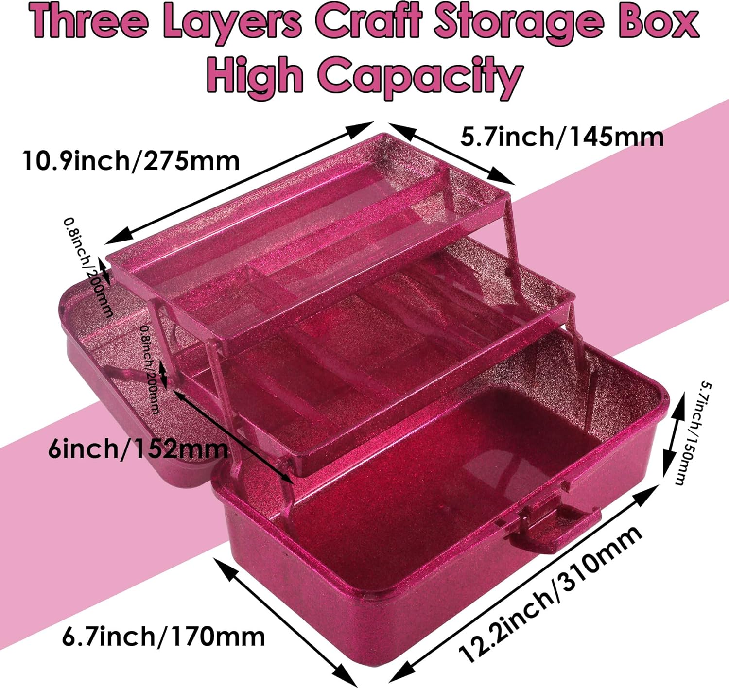 Glitter Purple 3 Layer Craft Storage Box, Purple Tackle Box Organizer for Craft Tool, Cosmetic Organizer for Girls - Image 2