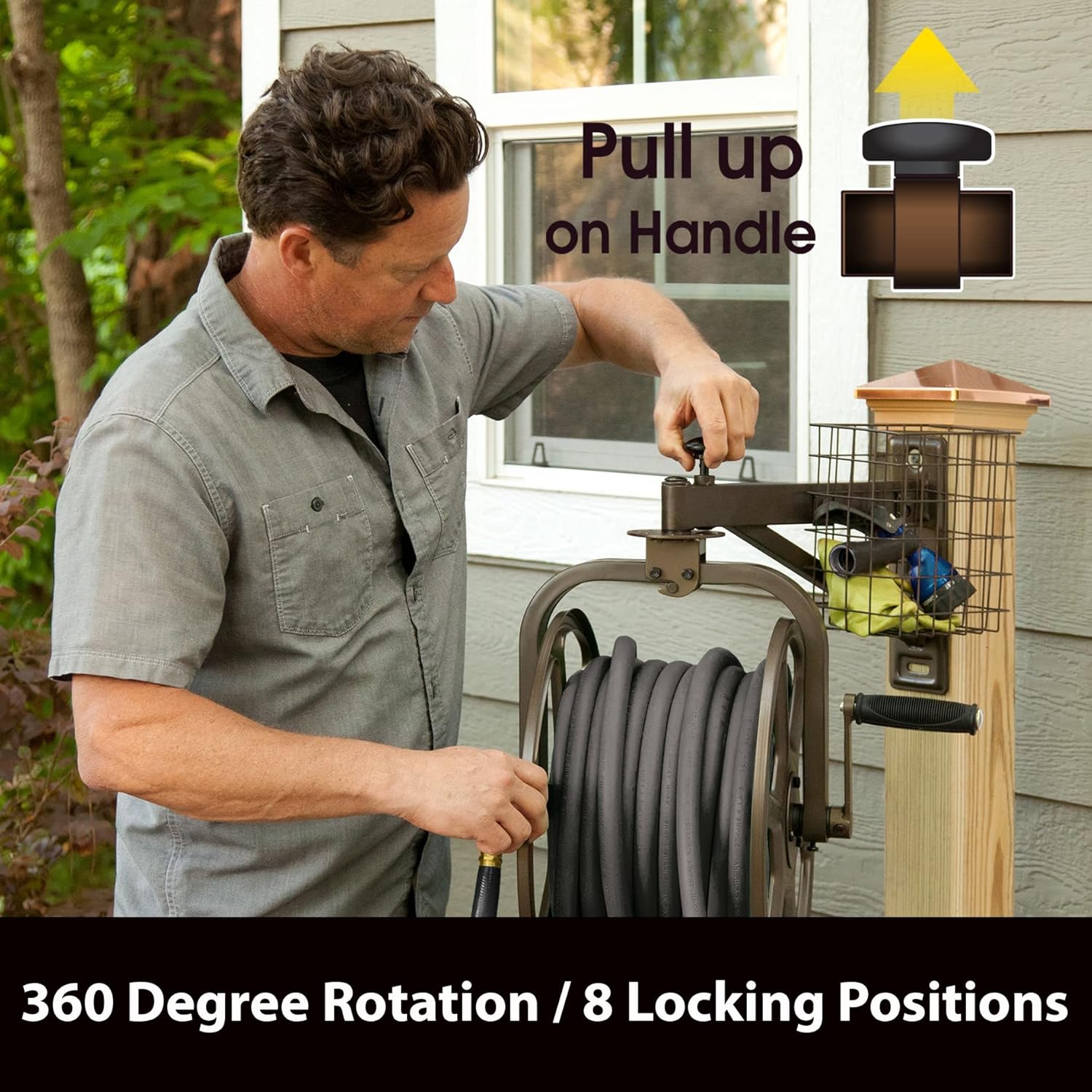 Liberty GARDEN 712 Single Arm Navigator Multi-Directional Garden Hose Reel, Holds 125-Feet of, 5/8-Inch, Bronze - Image 3